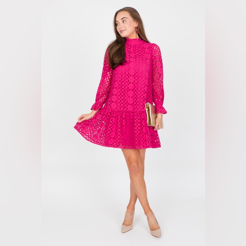 MAGENTA EYELET LONG SLEEVE DRESS